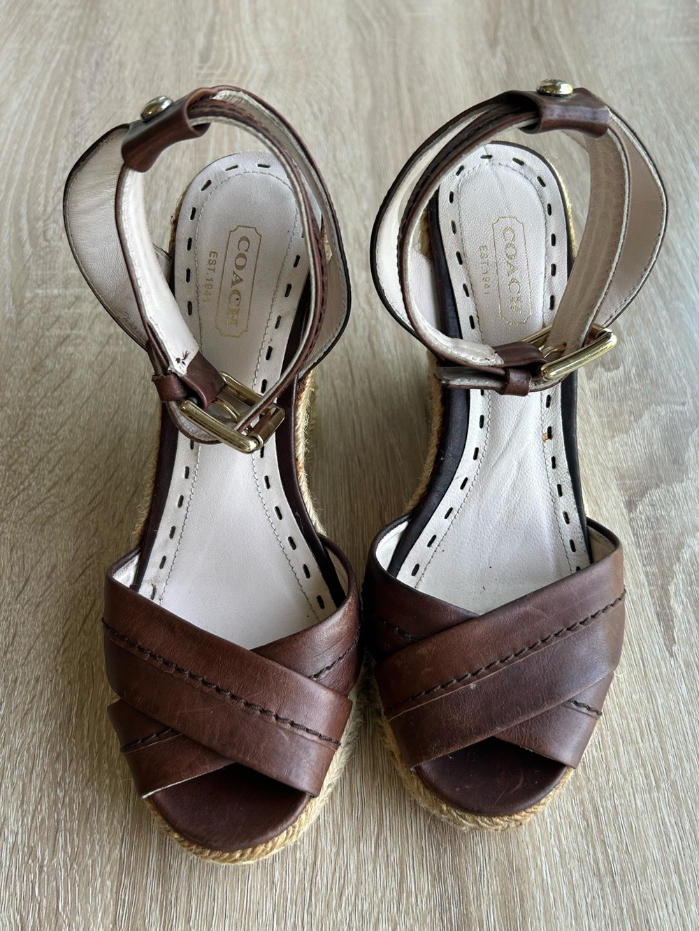 Coach Brown Leather Ankle-Strap Wedge Sandals